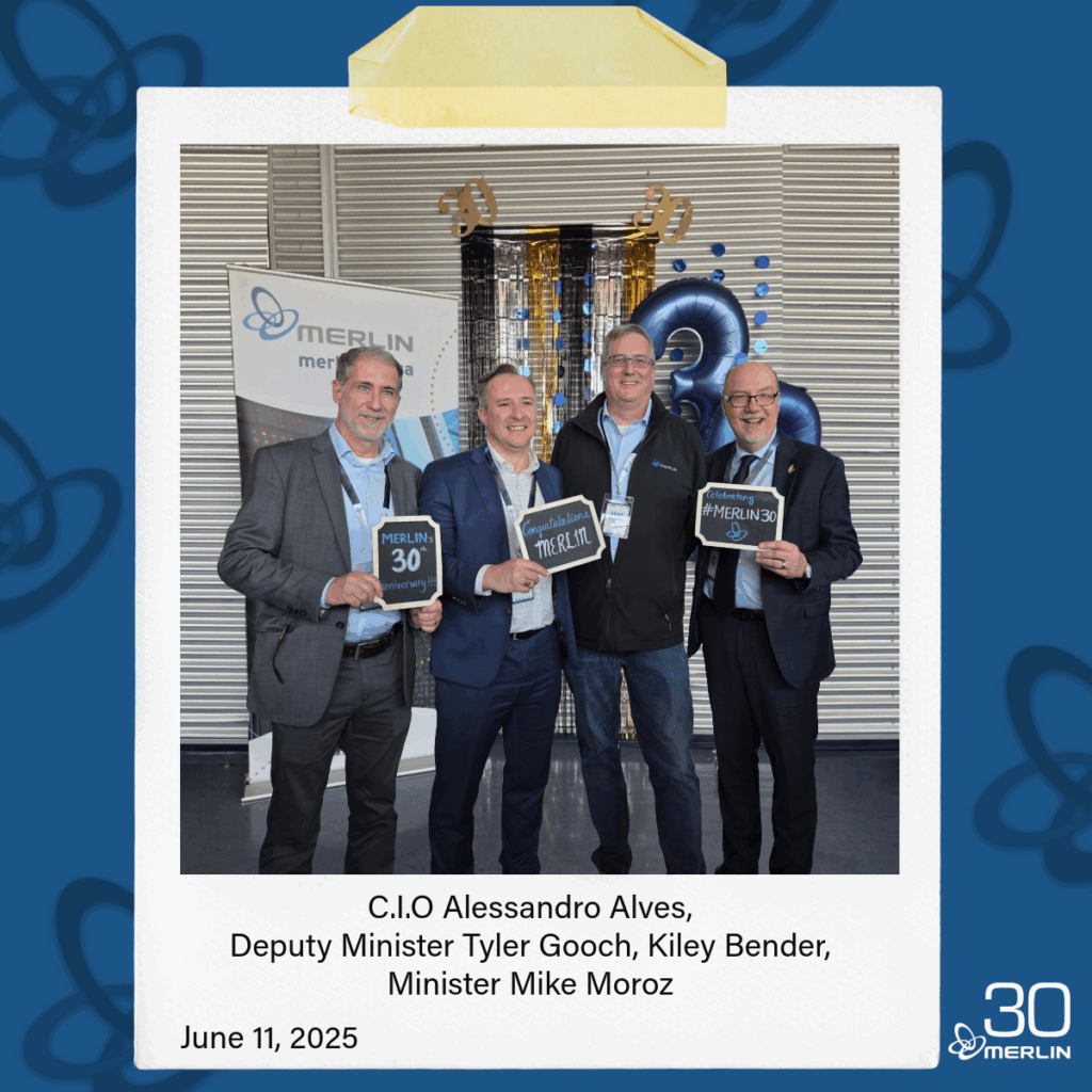 Photo Booth style image of MINT CIO Alessandro Alves, MINT Deputy Minister Tyler Gooch, MERLIN COO Kiley Bender, and MINT Minister Mike Moroz holding celebratory 30th anniversary props 