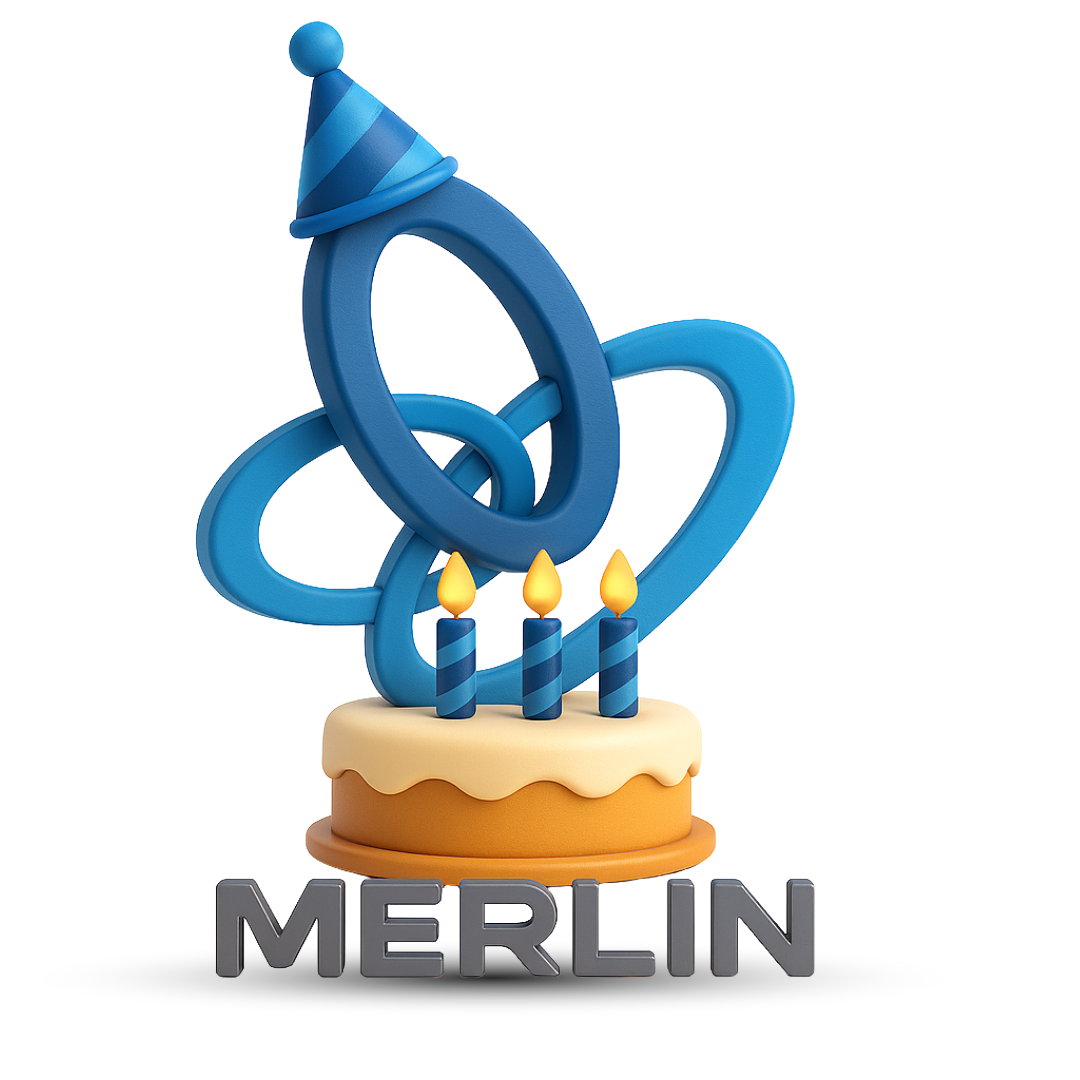 MERLIN three-ring logo with blue birthday hat. Cake with candles and MERLIN name